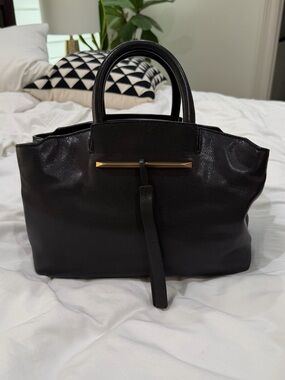 Brian Atwood Black Leather Top-Handle Tote with Gold Accent EUC